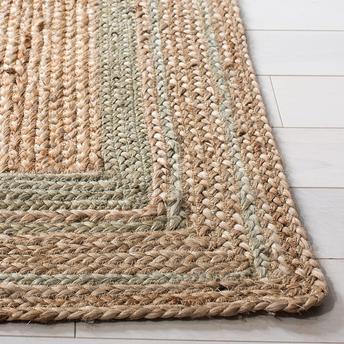 Natural Fiber Collection Area Rug, Green & Natural, Handmade Border Farmhouse Jute, Ideal for High Traffic