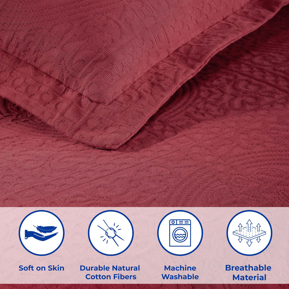 Cotton Bedspread, Jacquard Woven Matelasse Bedding, King, Garnet