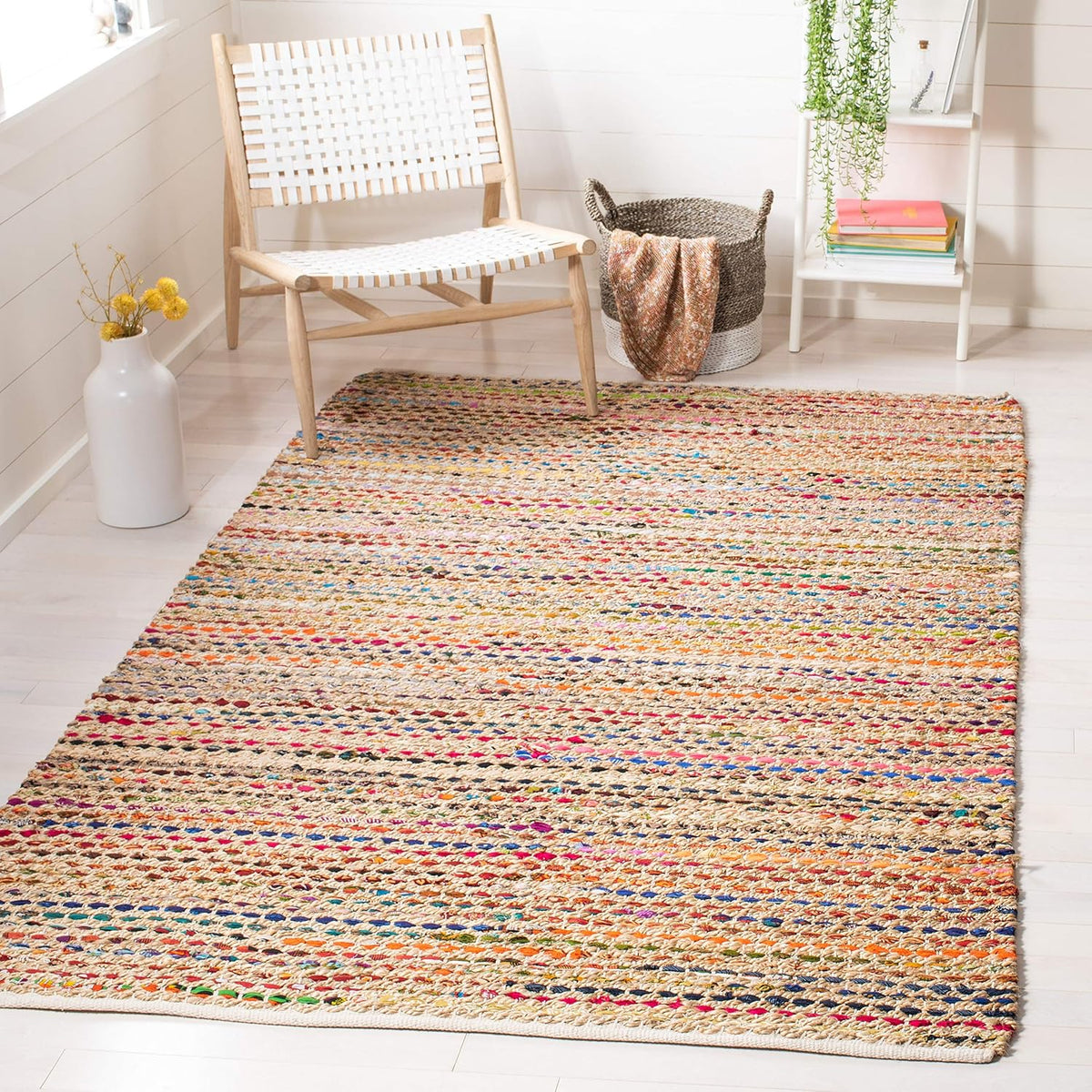 Cape Cod Collection Area Rug - 6' Square, Natural & Multi, Handmade Boho Braided Jute, Ideal for High Traffic Areas