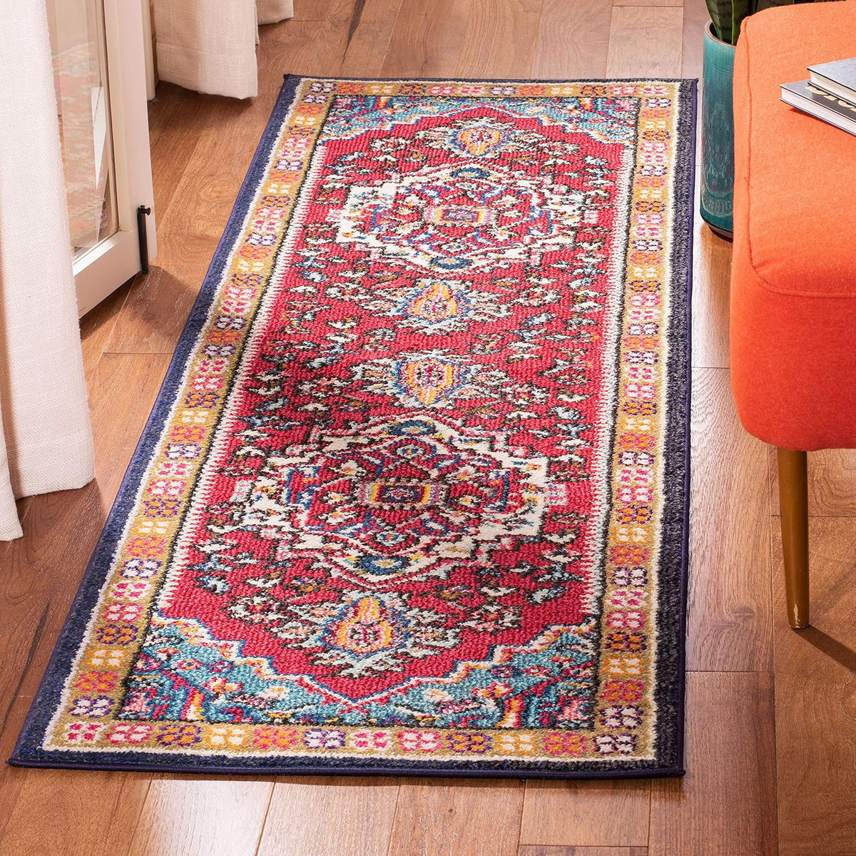 Monaco Collection Runner Rug, Red & Turquoise, Boho Oriental Medallion Design, Non-Shedding & Easy Care