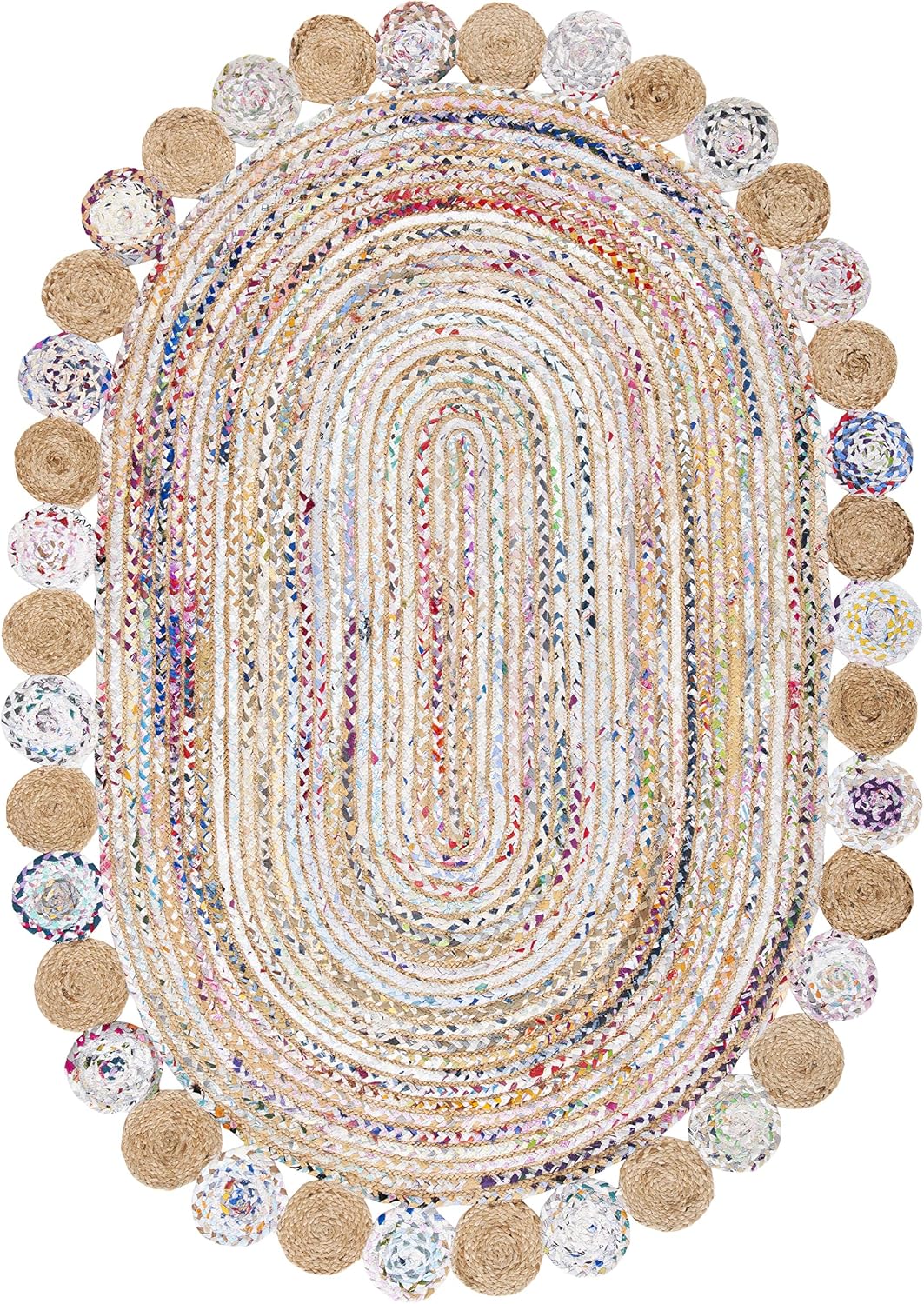 Cape Cod Collection Area Rug - 5' x 7' Oval, Beige & Multi, Handmade Boho Braided Jute & Cotton, Ideal for High