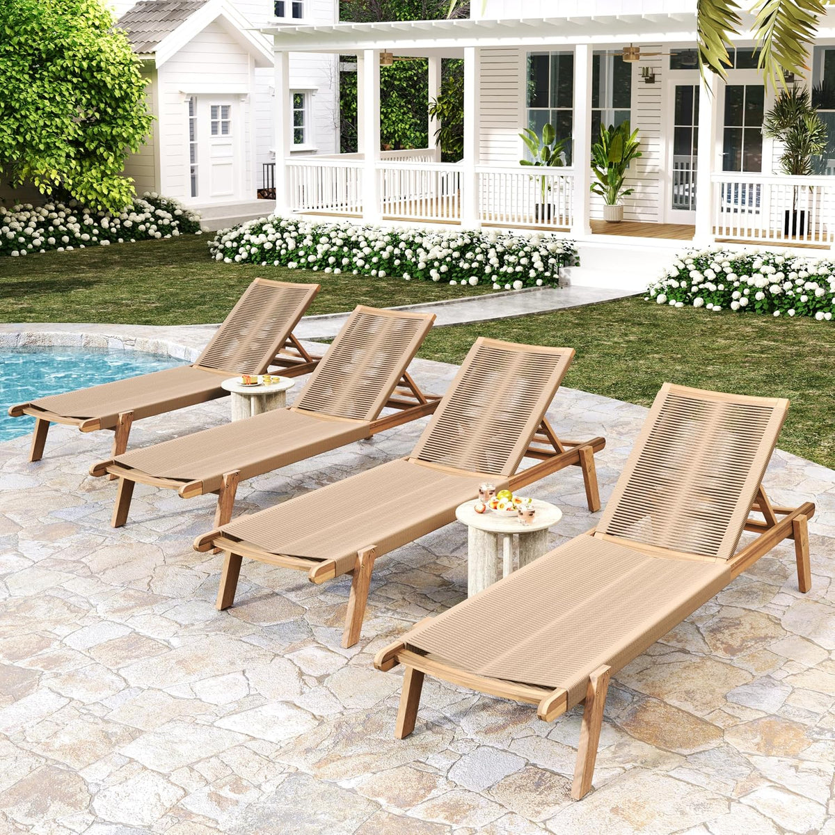 Set of 4 Outdoor Patio Wood Adjustable Chaise Lounges with Rope Seating, Rope Chaise Lounge with Acacia Wood