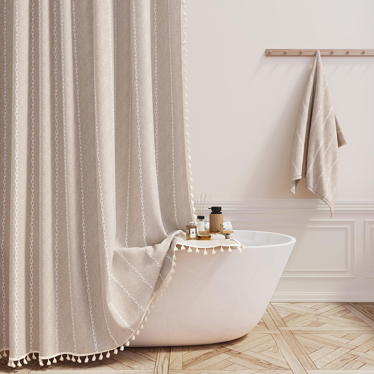 72x96 Extra Long Boho Linen Heavy Duty Shower Curtain Set, Tan/Taupe