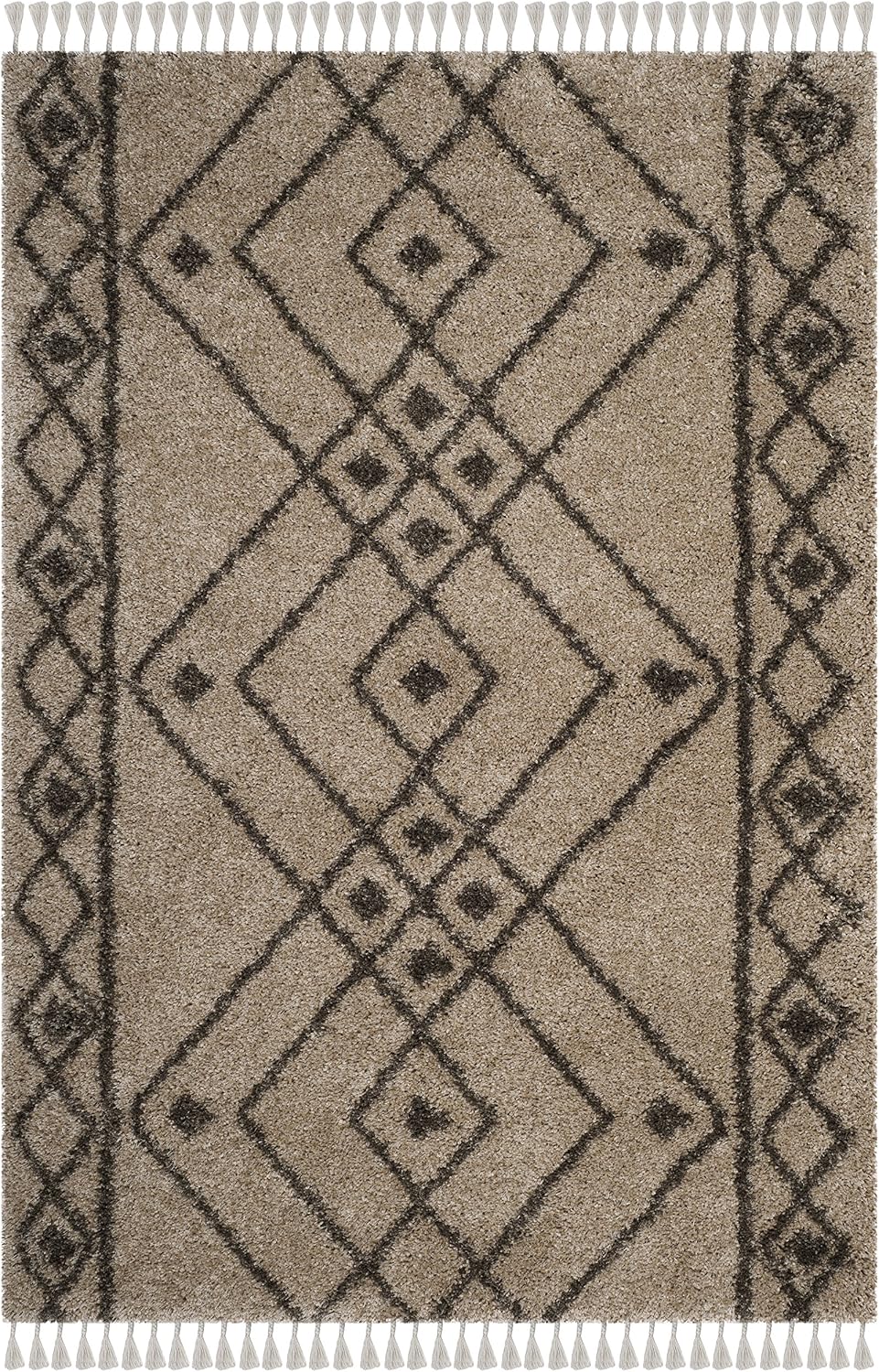 Moroccan Fringe Shag Collection Area Rug, Mushroom & Grey, Boho Tribal, Non-Shedding & Easy Care