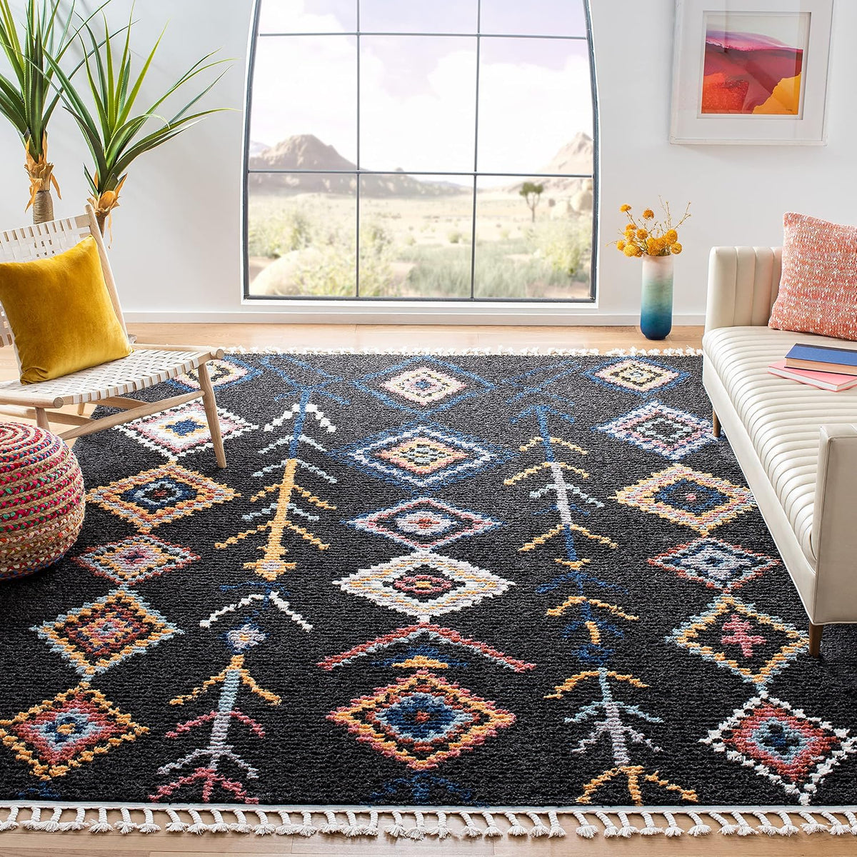 Morocco Collection Area Rug - 6'7" Square, Black & Navy, Moroccan Boho Tribal Design, Non-Shedding & Easy Care, Ideal