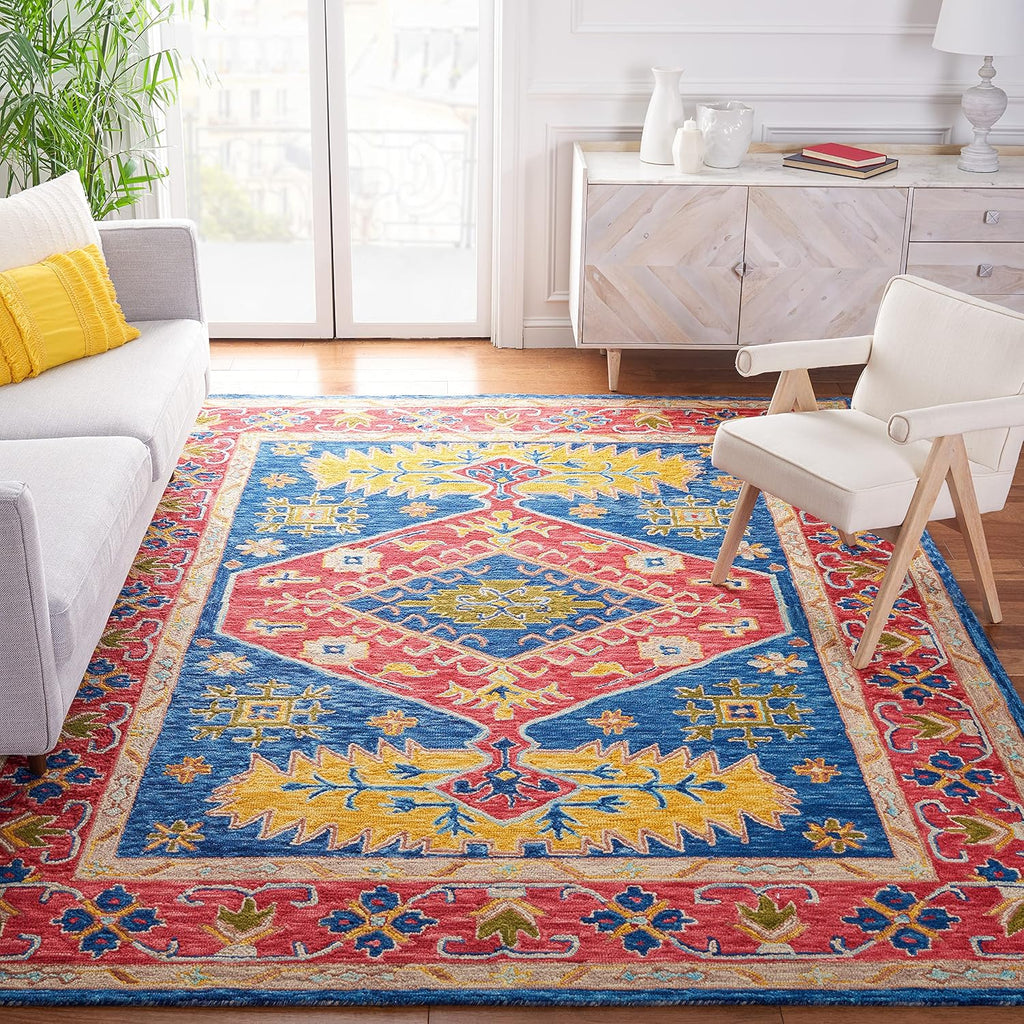 Aspen Collection Area Rug, Red & Blue, Handmade Boho Wool, Ideal for High Traffic Areas in Living Room