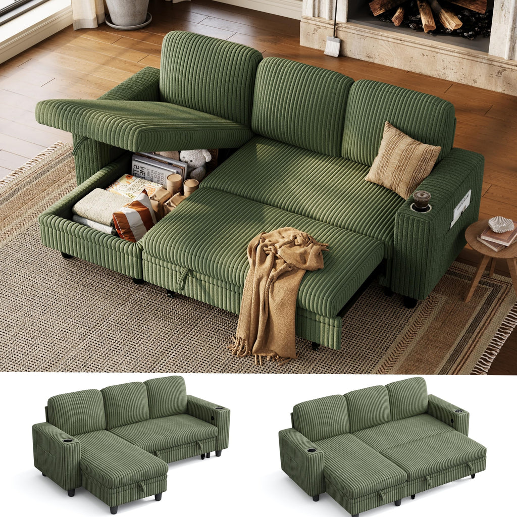 Sectional Sleeper Sofa Couch with Storage Chaise & USB Charging, Plush Corduroy Convertible Pullout Sofa Bed, Modular