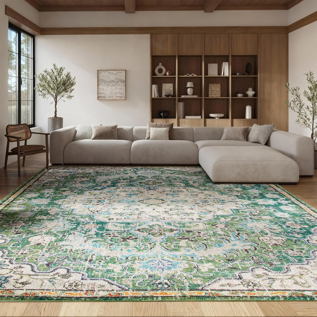 Madison Collection X-Large Area Rug, Green & Turquoise, Medallion Distressed Design, Non-Shedding & Easy