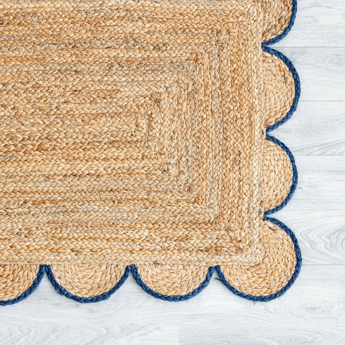 Scalloped Natural Jute Area Rug, Navy Trim