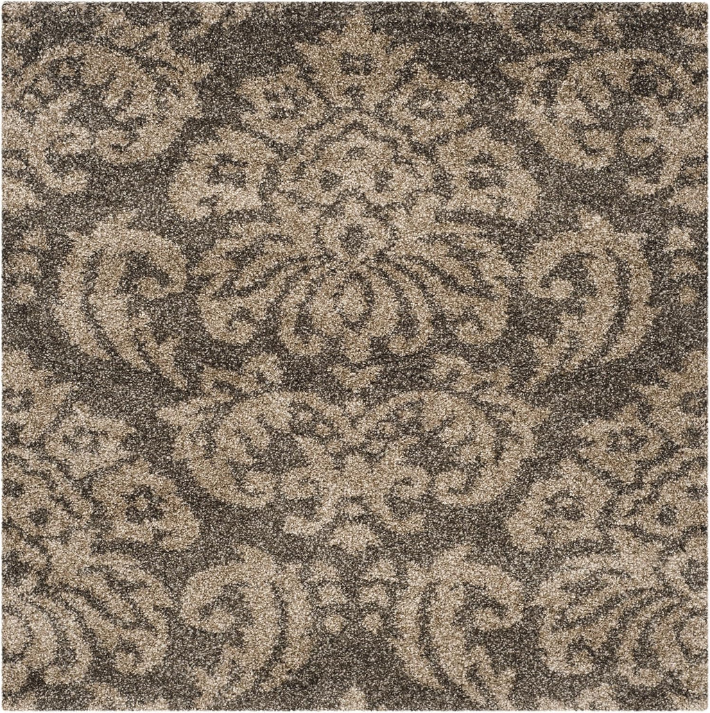 Florida Shag Collection Area Rug - 4' Square, Smoke & Beige, Damask Design, Non-Shedding & Easy Care, 1.2-inch Thick