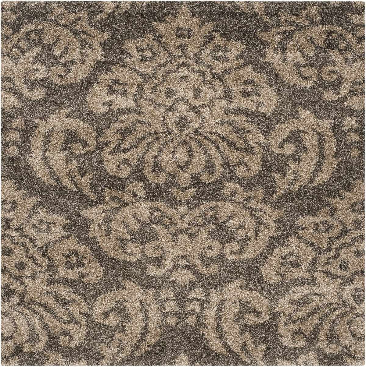 Florida Shag Collection Area Rug - 4' Square, Smoke & Beige, Damask Design, Non-Shedding & Easy Care, 1.2-inch Thick