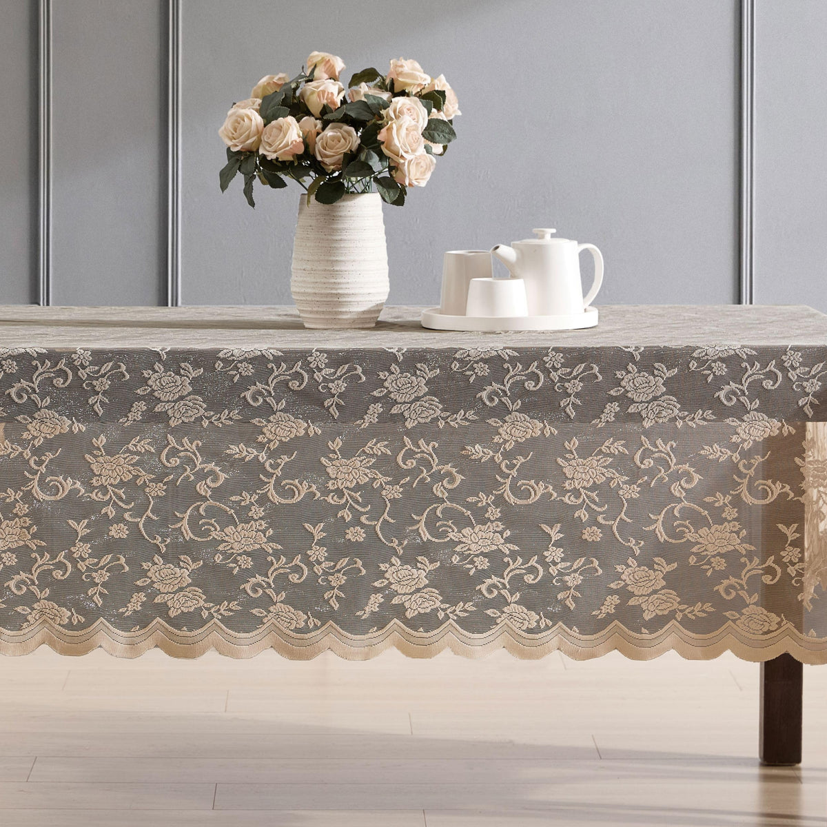 Harper Floral Lace Tablecloth, Rectangle, 54x72 Inch, Linen Taupe