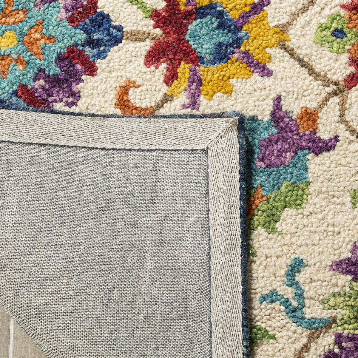 Aspen Collection Area Rug, Ivory & Blue, Handmade Boho Floral Wool, Ideal for High Traffic Areas in Living
