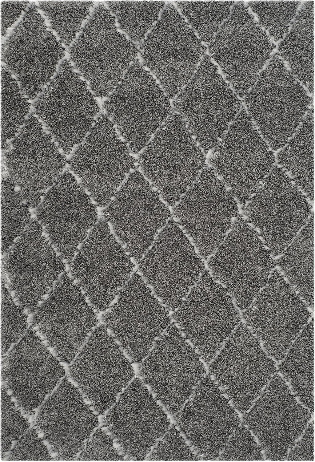 Moroccan Shag Collection Area Rug, Grey & Ivory, Trellis Design, Non-Shedding & Easy Care, 2-inch Thick