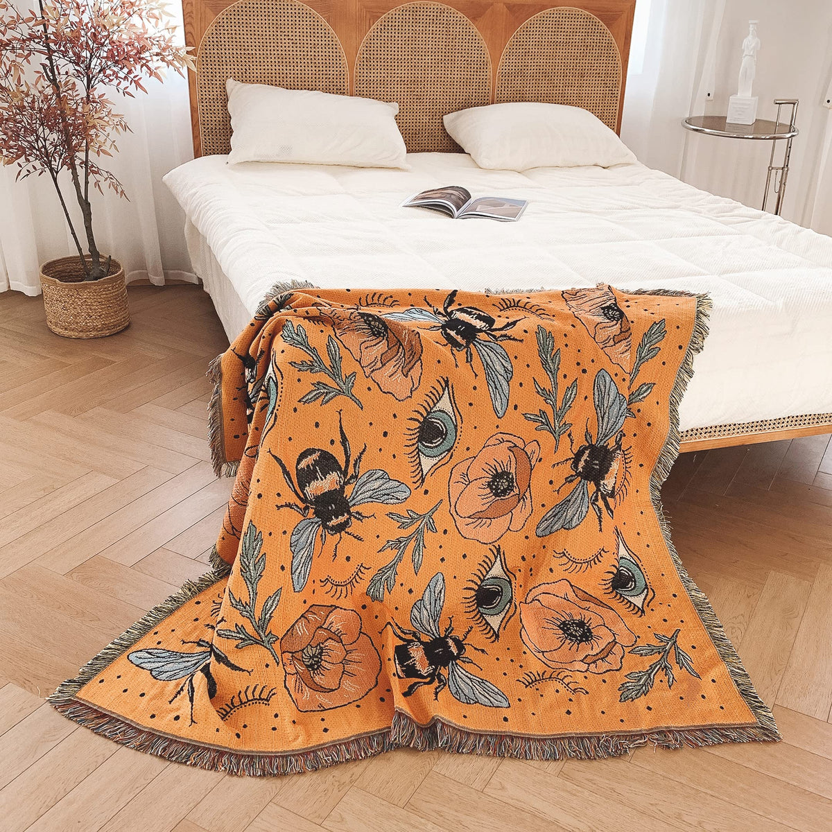 Boho Throw Blanket Reversible Cotton Bohemian Tapestry Hippie Room Decor Double Sided (Boho Bee Yelow 50"x60")