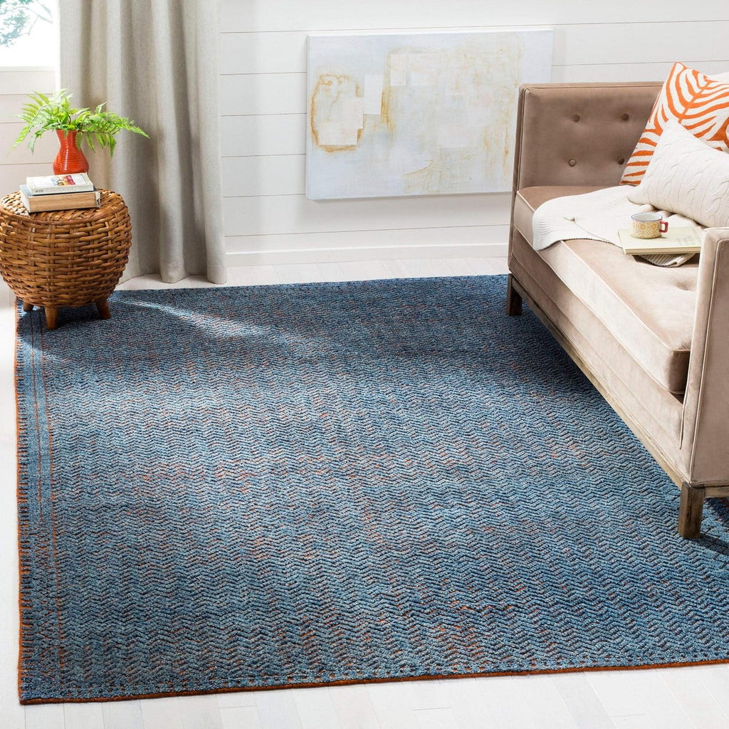 Castilla Collection Area Rug, Blue & Rust, Hand-Knotted Modern Wool, Ideal for High Traffic Areas in