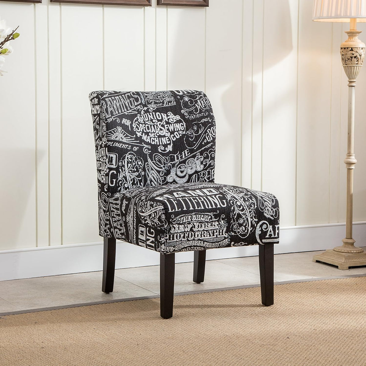 Armless Accent Chair in Chalkboard Shadow Print Fabric, Contemporary