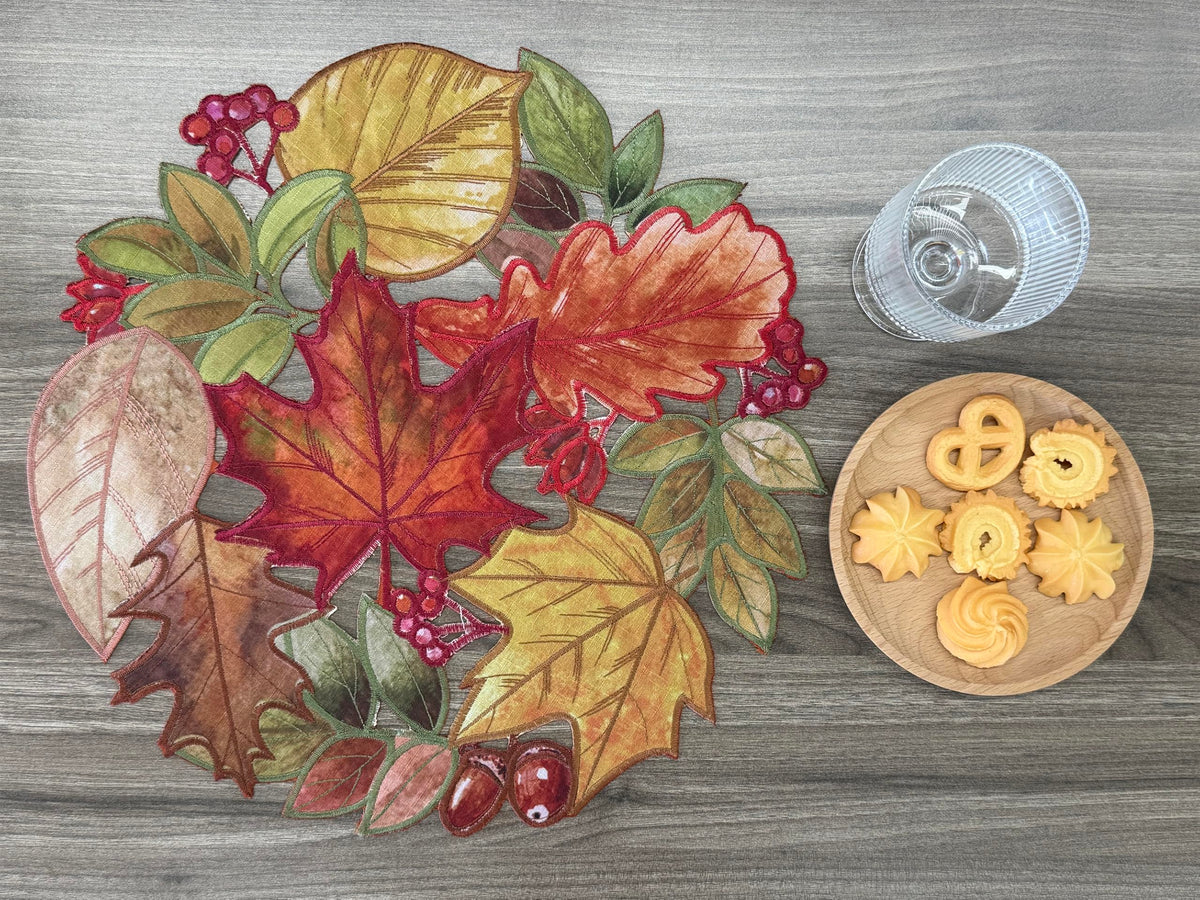 Fall Placemats Set of 4, 15 Inch Round Autumn Maple Leaves Cutwork Embroidered Placemats, Harvest Thanksgiving Table