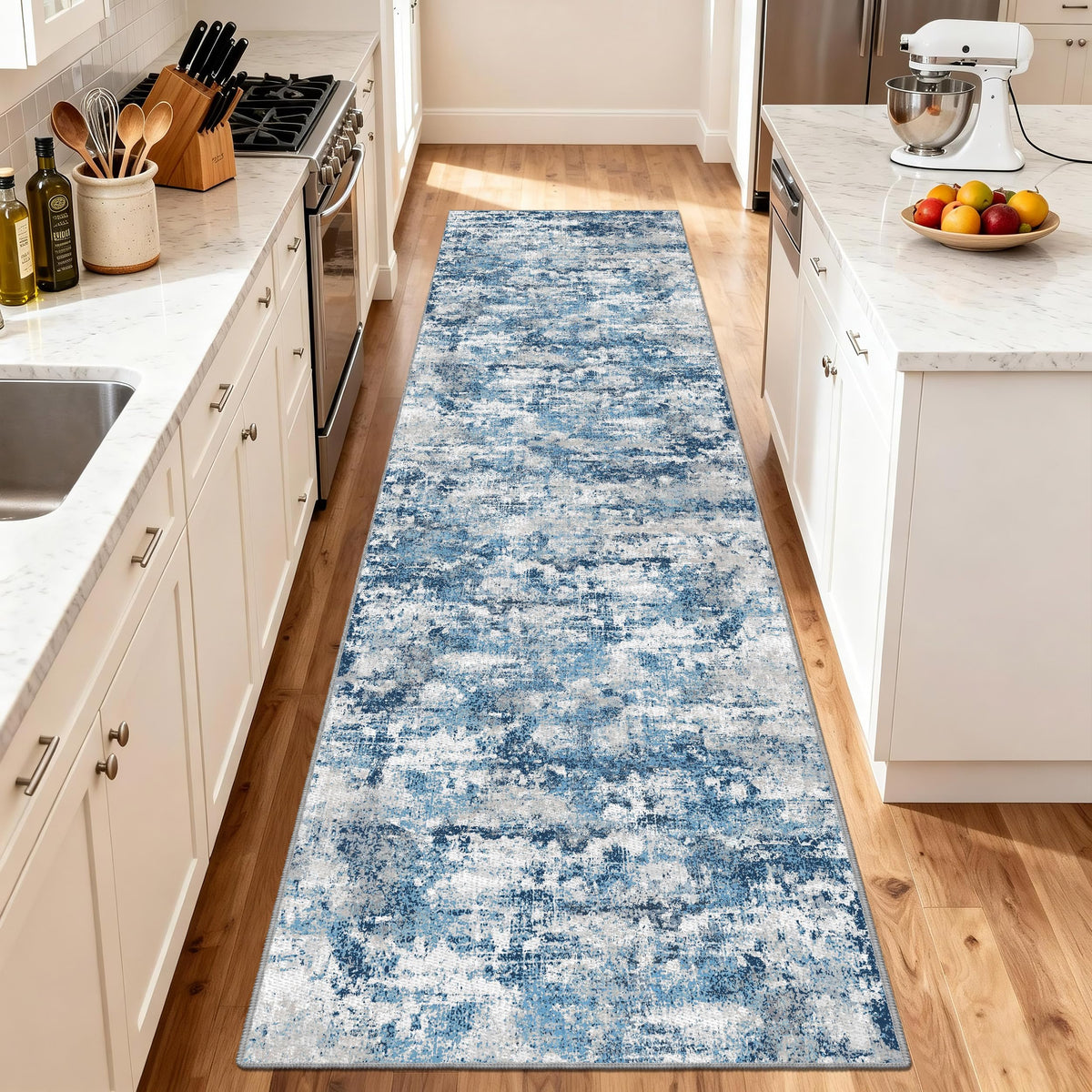 2.6x8ft Wide Rug Runners s Non Slip, Kitchen Runners, Ocean Blue