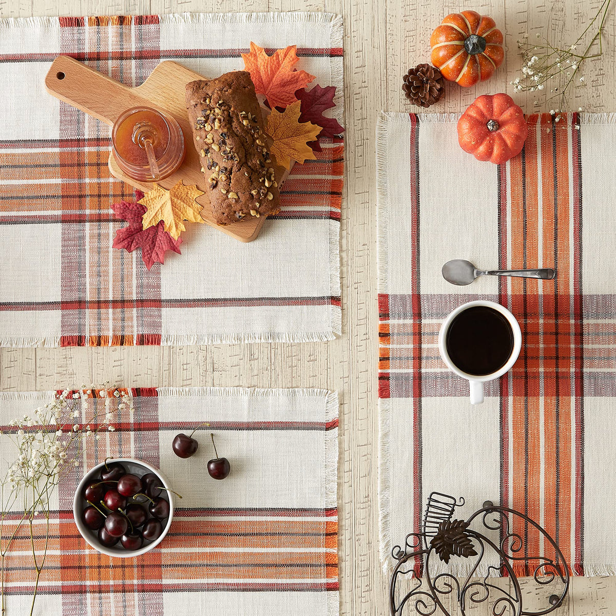 Thanksgiving & Fall Table Decoration Autumn Farmhouse Plaid, Placemat Set, 13x19, Pumpkin Spice Orange, 6 Count