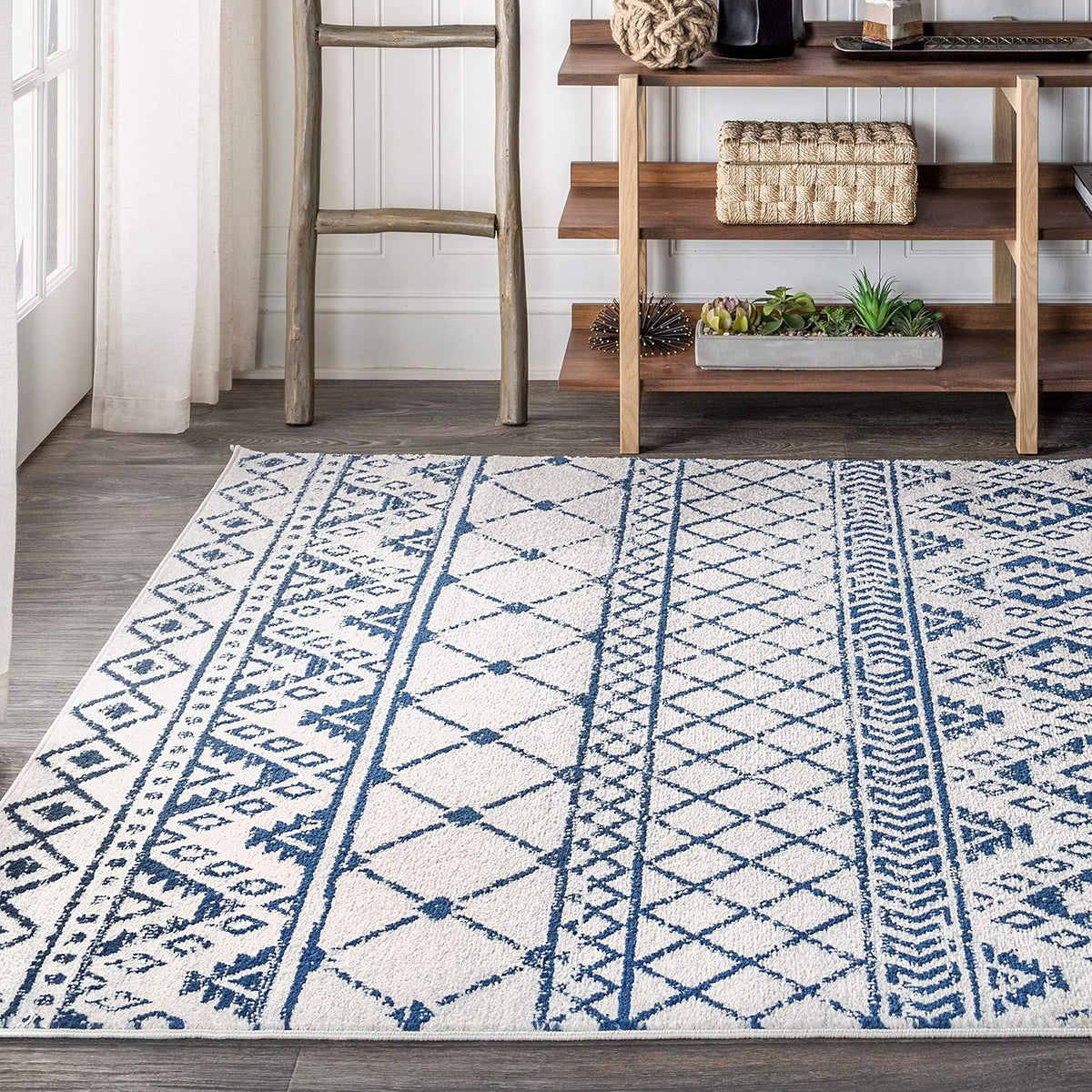 Moroccan Hype Boho Vintage Tribal Cream/Blue Indoor Area Rug, Bohemian, Vintage, Easy-Cleaning, Pet Friendly