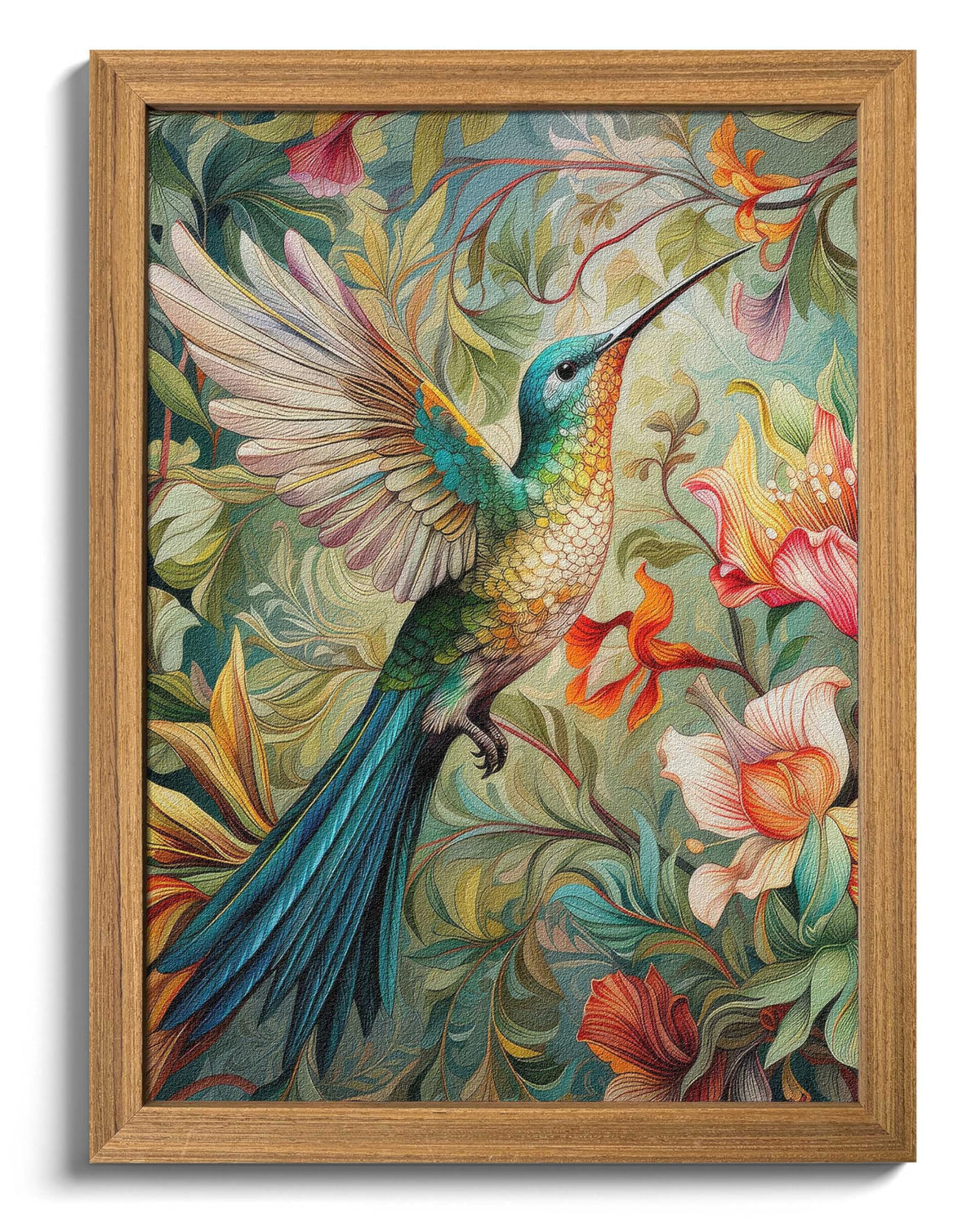 Hummingbird Wall Art, Vintage Floral Wall Decor, Wood Framed Sandstone Textured Art, Colorful Tropical Bird and
