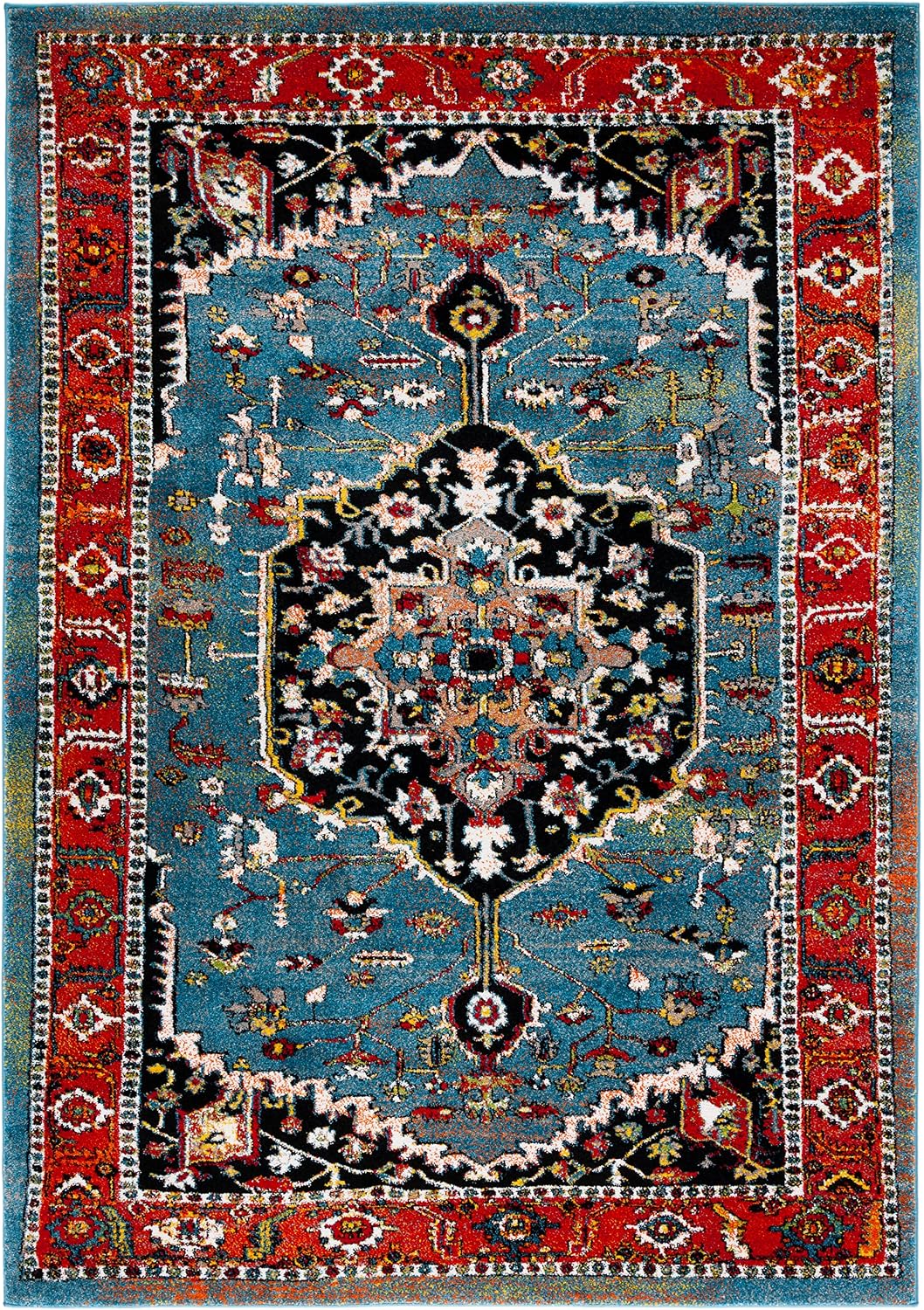 Vintage Hamadan Collection Area Rug, Blue & Red, Traditional Oriental Medallion Design, Non-Shedding &