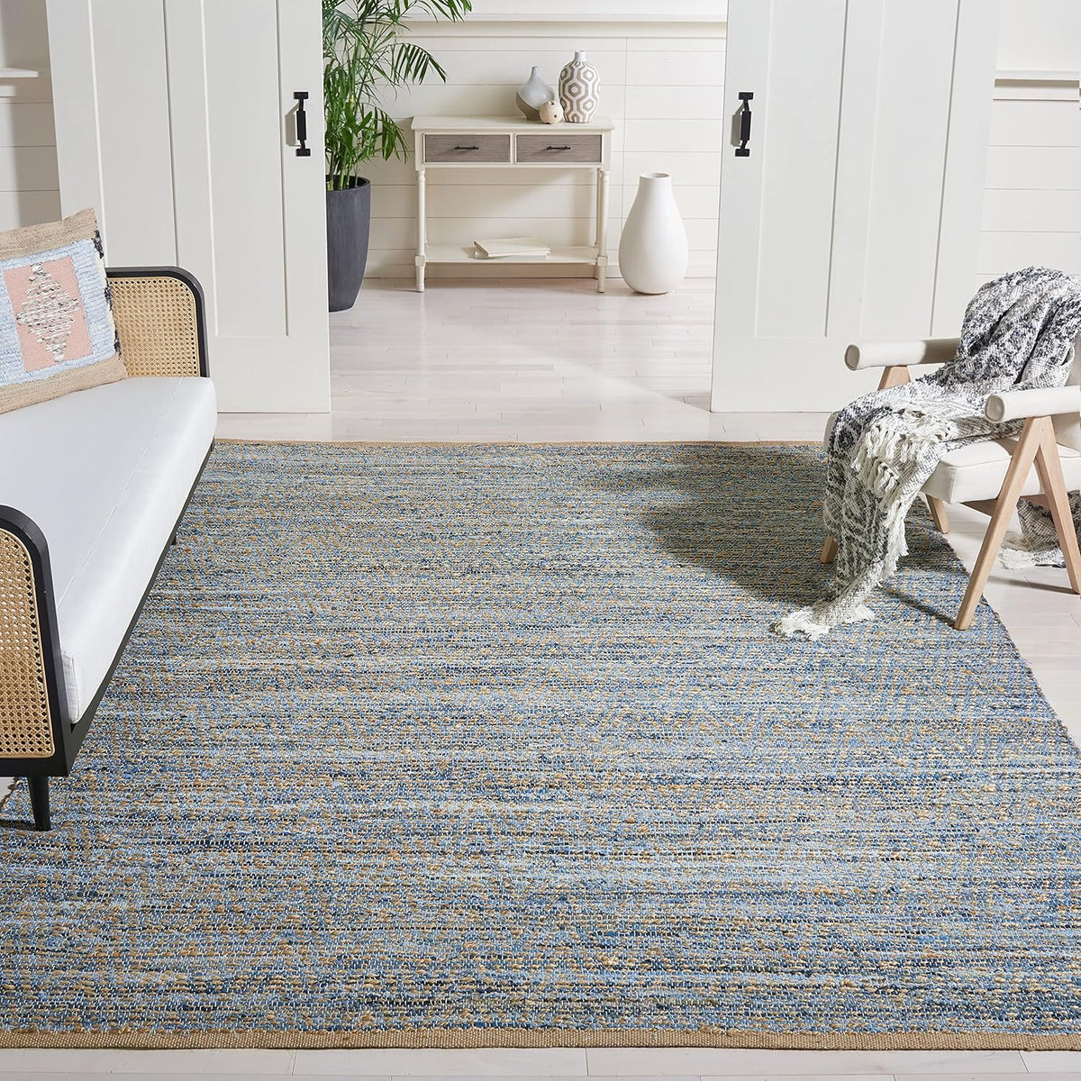 Area Rug - Cape Cod Collection - Large - Natural & Blue, Handmade Flat Weave Braided Jute, Ideal, Dining Space