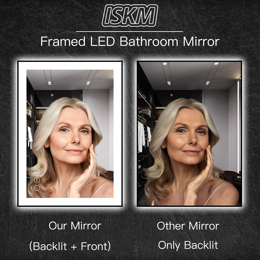 32x24 Framed LED Bathroom Mirror, Dimmable Front & Backlit, Anti-Fog