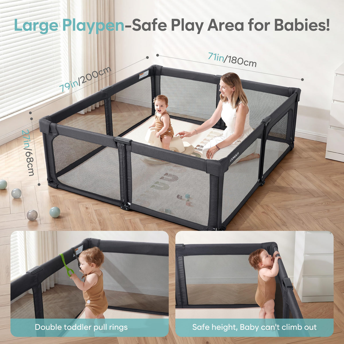 Playpen Portable, Pre-Assembled Play Pen 71x79 Large Foldable Playpen for Babies and Toddlers, Sturdy and Safe