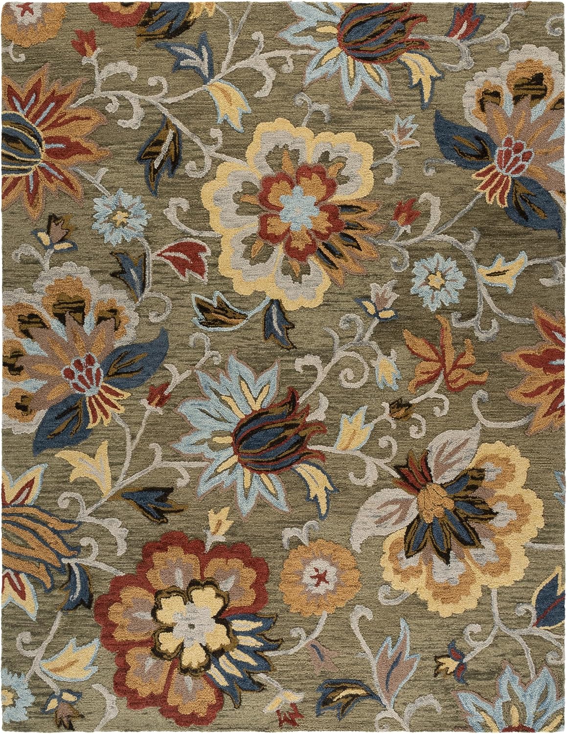 Blossom Area Rug - 10' x 14', Green & Red, Handmade Wool, Floral Design