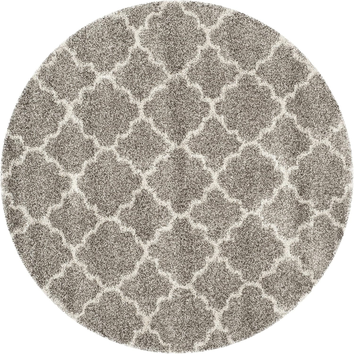 Hudson Shag Collection Area Rug - 5' Round, Grey & Ivory, Moroccan Trellis Design, Non-Shedding & Easy Care, 2-inch