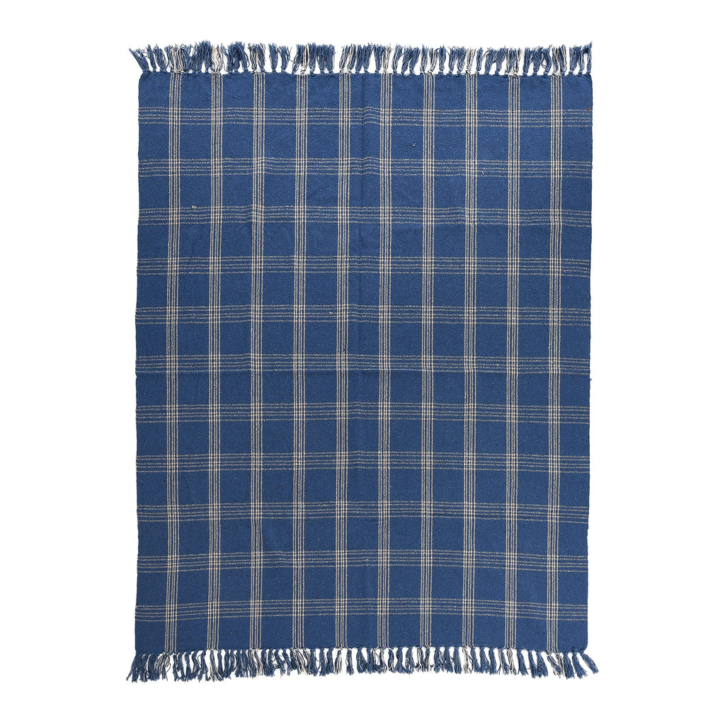 Recycled Cotton Blend Throw Blanket with Fringe, Blue Plaid