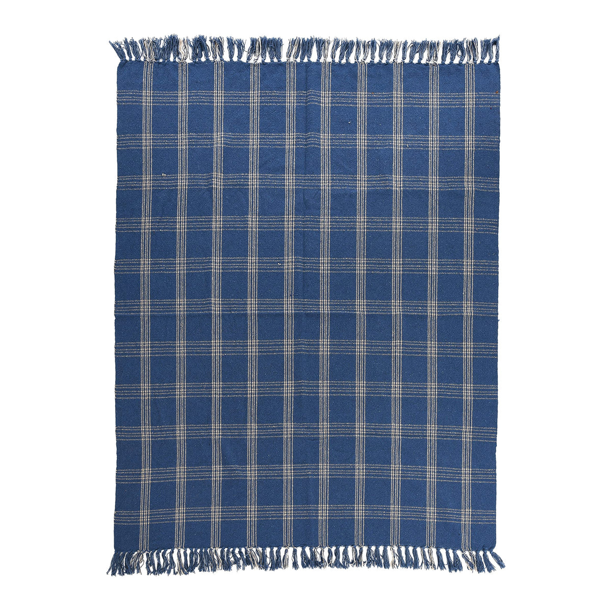 Recycled Cotton Blend Throw Blanket with Fringe, Blue Plaid