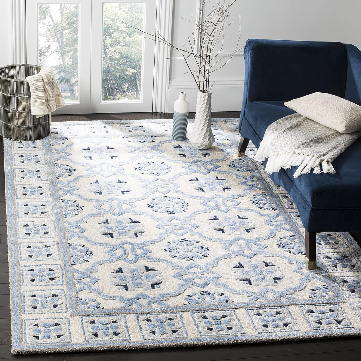 Bella Area Rug, Ivory & Blue, Handmade Wool & Viscose