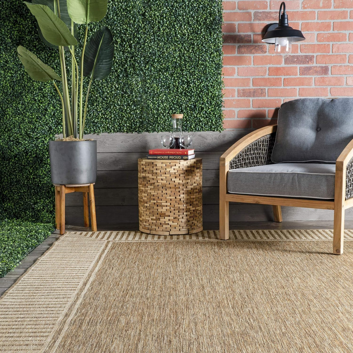 Asha Light Brown Bordered Indoor/Outdoor Area Rug, 5' x 8'