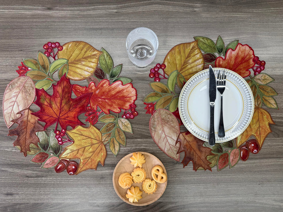 Fall Placemats Set of 4, 15 Inch Round Autumn Maple Leaves Cutwork Embroidered Placemats, Harvest Thanksgiving Table