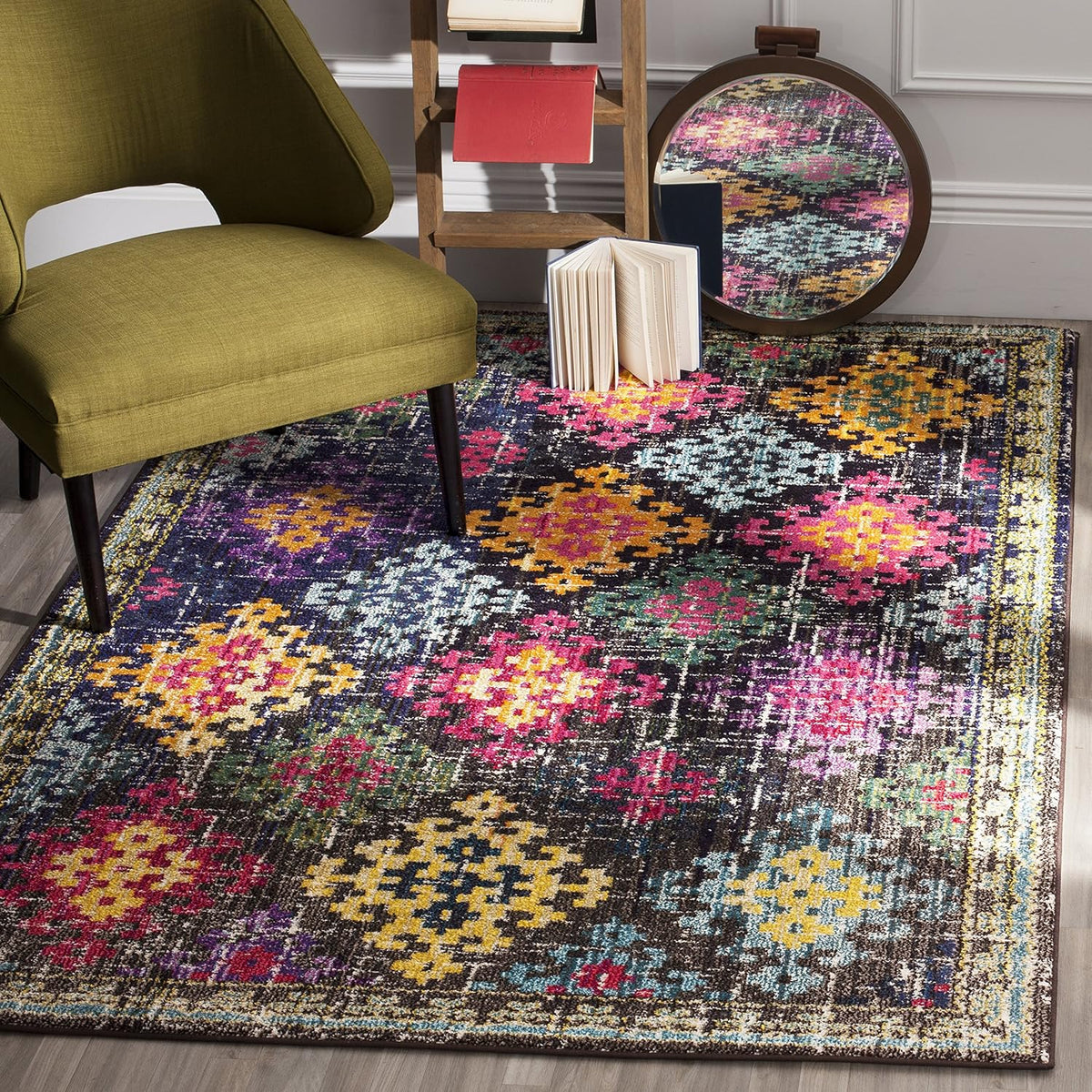 Monaco Collection Area Rug - 6'7" Square, Multi, Boho Diamond Trellis Design, Non-Shedding & Easy Care, Ideal for