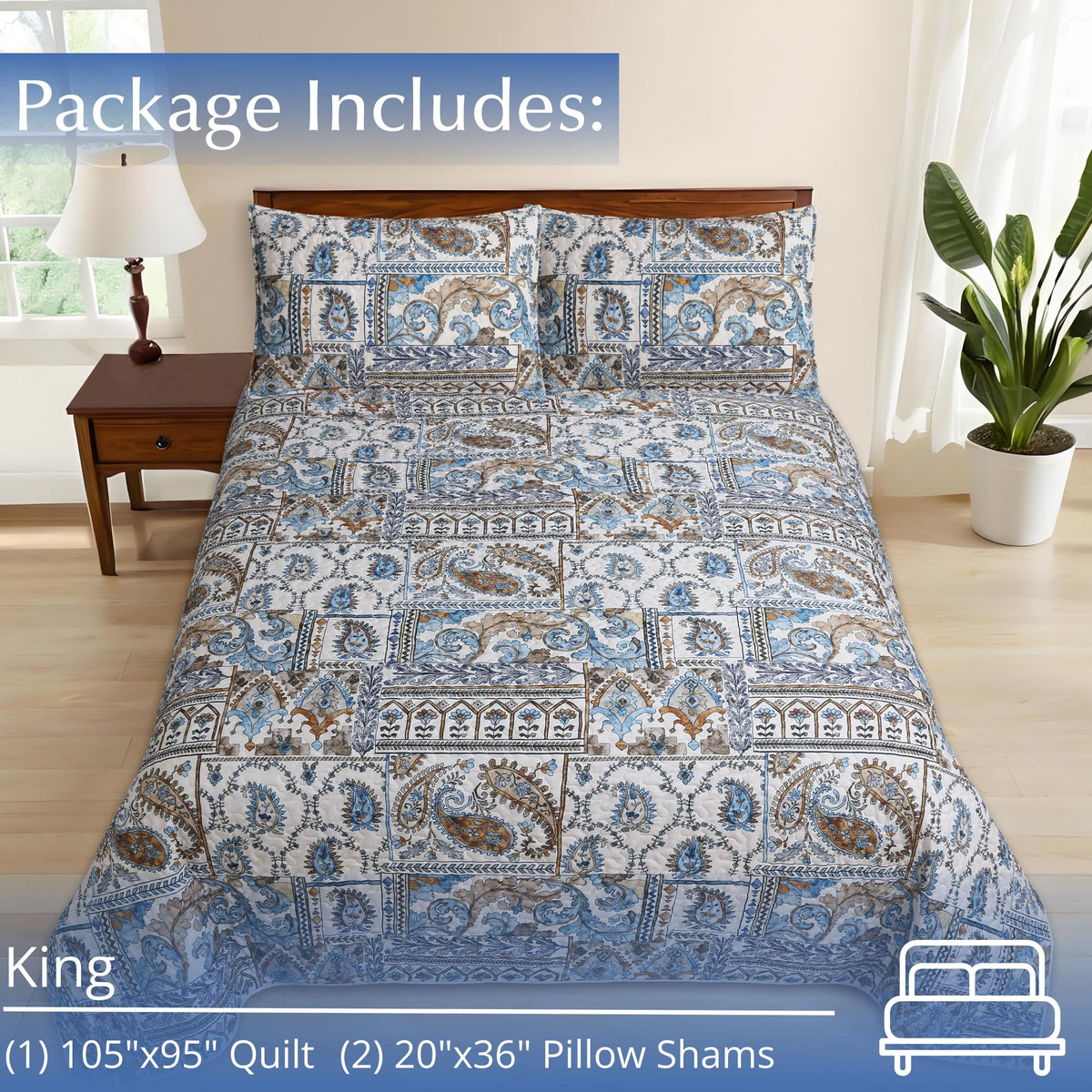 3 Piece Lodge Quilt Bedding Set - Rustic Country Reversible Comforter Set with Decorative Pillow Shams - Blue