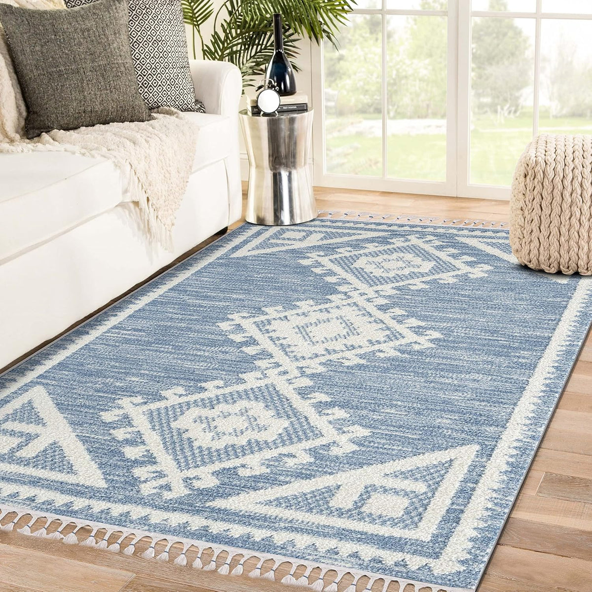 Southwestern Geometric Area Rug in Blue, Bold Pattern for Living Rooms