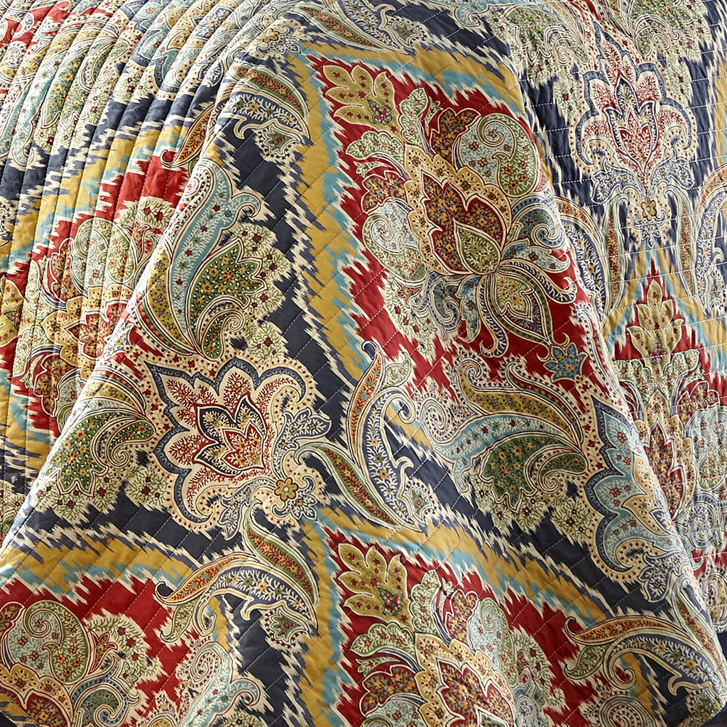 Moreno Quilt Set - Quilt + Two Standard Pillow Shams - Traditional Damask - Red, Blue, Grey, Gold, Teal