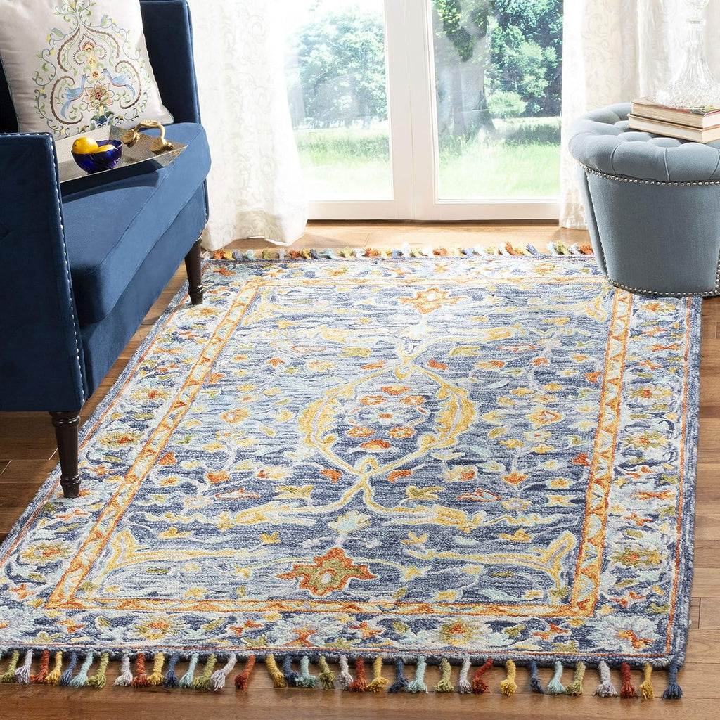 Aspen Collection Area Rug, Blue & Rust, Handmade Boho Braided Tassel Wool, Ideal for High Traffic Areas in