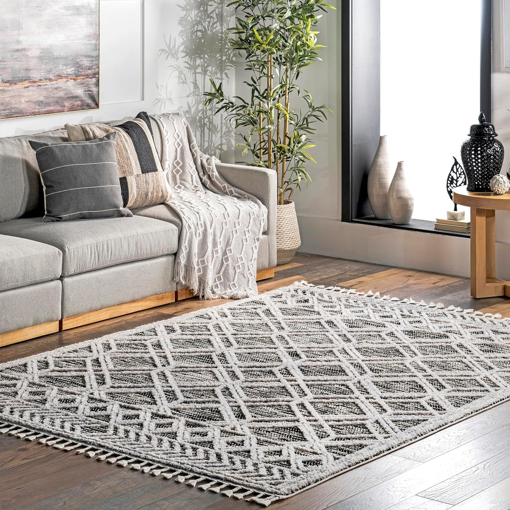 Ansley Moroccan Lattice Tassel Area Rug - 7x9 Area Rug Modern/Contemporary Grey/Off-White Rugs Bedroom Dining Room