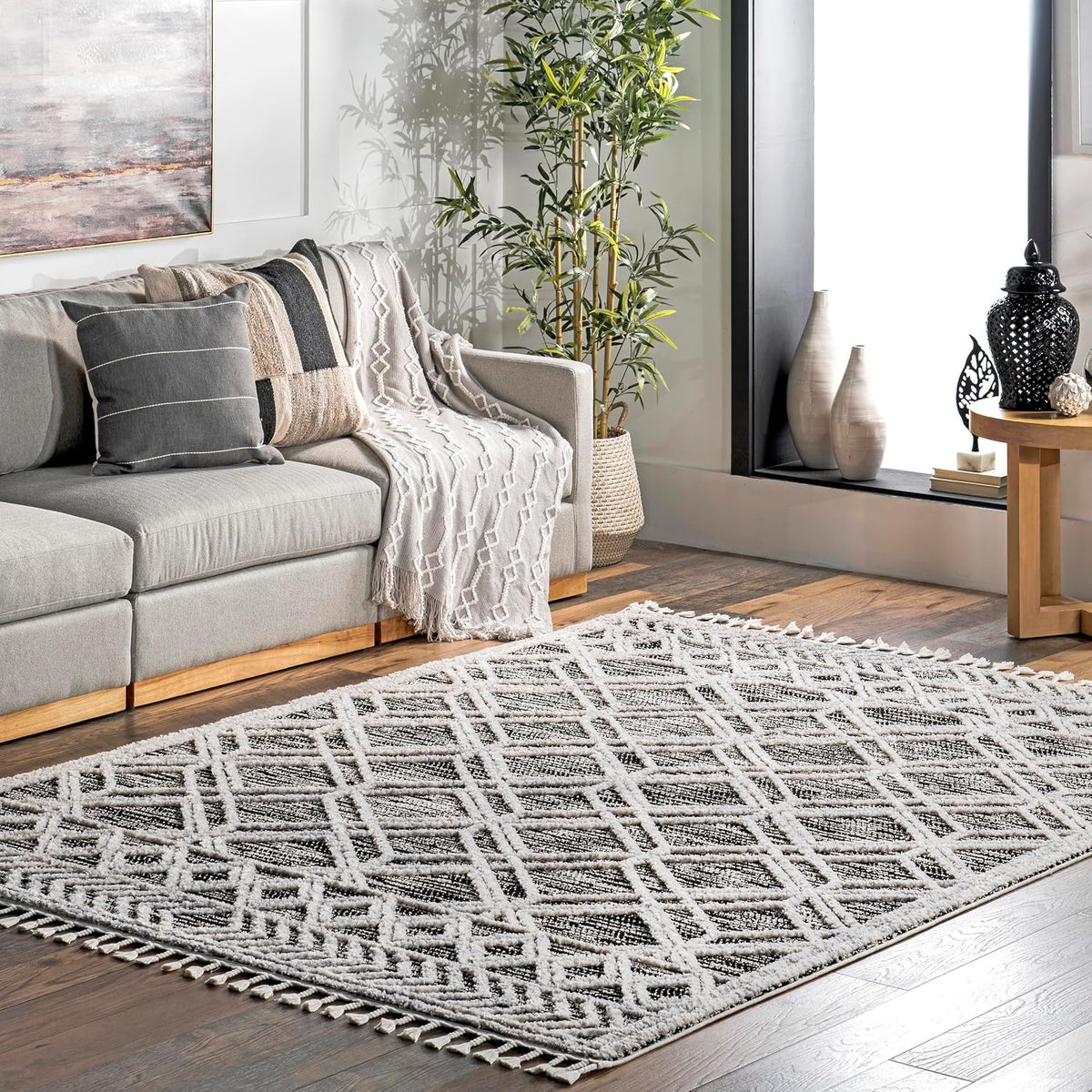 Ansley Moroccan Lattice Tassel Area Rug - 7x9 Area Rug Modern/Contemporary Grey/Off-White Rugs Bedroom Dining Room