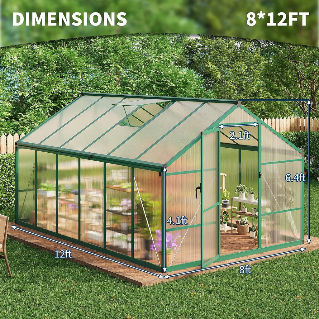 Greenhouse, 8x12 Ft Outdoor Greenhouses, Greenhouse Kit, Portablee Greenhouses with Ground Nails and Vent Windows