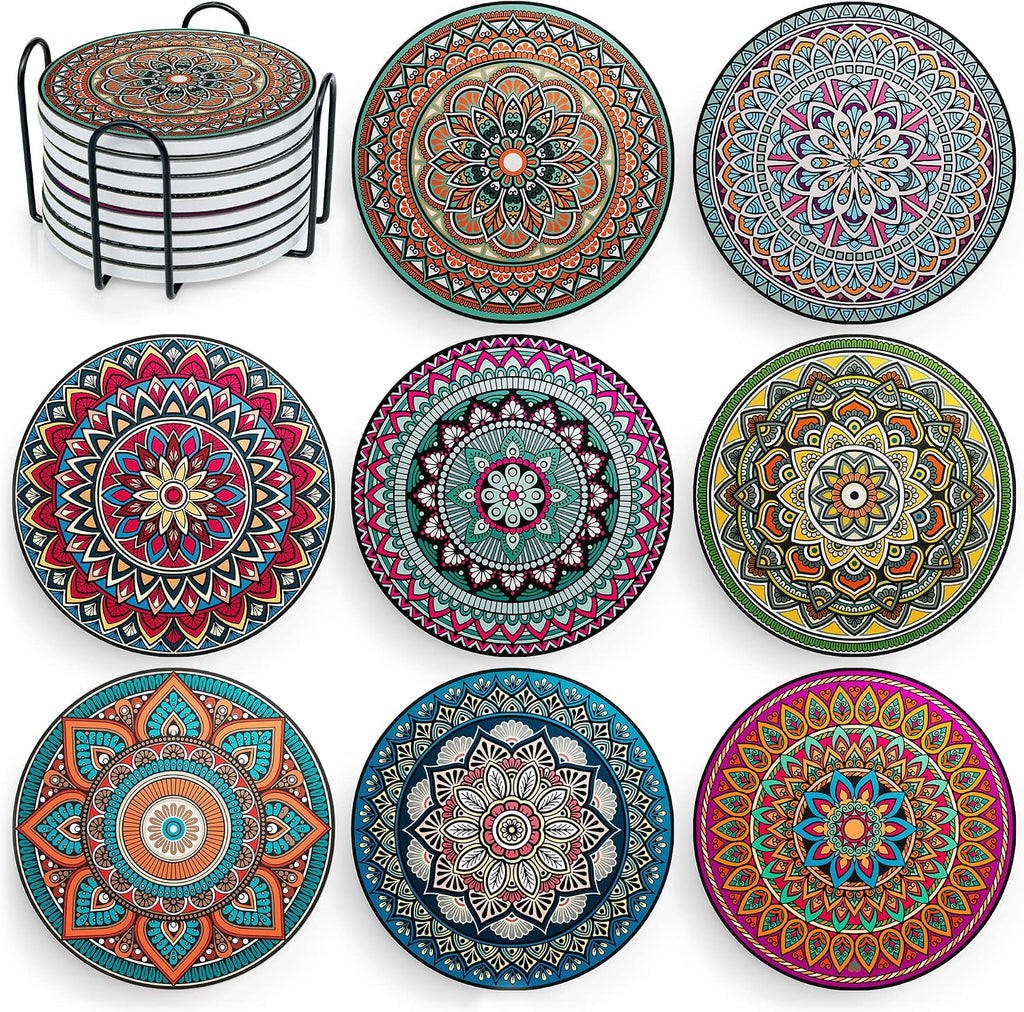 Mandala Drink Coasters with Holder - 8 Set Ceramic Boho Coaster for Drinks Absorbent with Cork Base and Black Holder - Set of 9