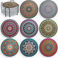 Mandala Drink Coasters with Holder - 8 Set Ceramic Boho Coaster for Drinks Absorbent with Cork Base and Black Holder - Set of 9