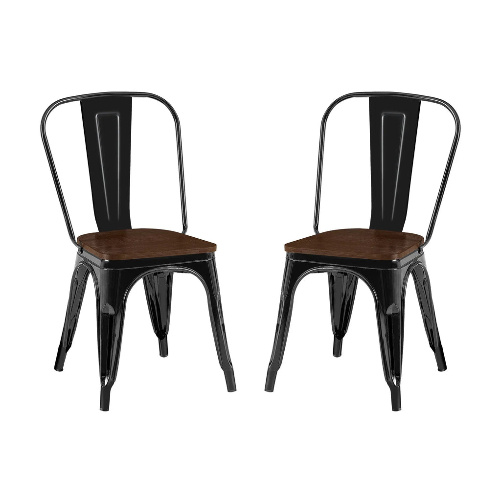 Set of 2 Industrial Metal Stackable Dining Chairs with Walnut Wooden Seat