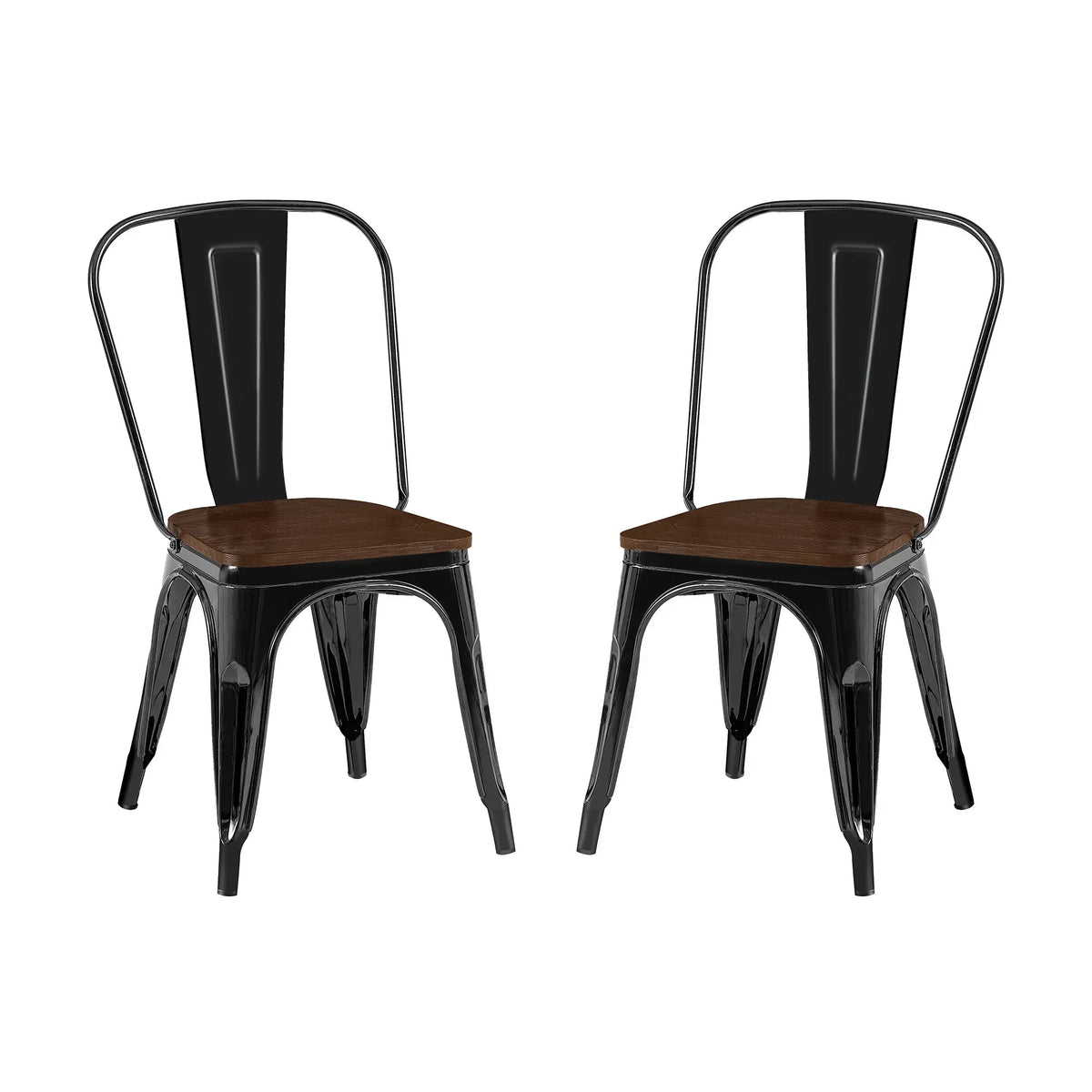 Set of 2 Industrial Metal Stackable Dining Chairs with Walnut Wooden Seat