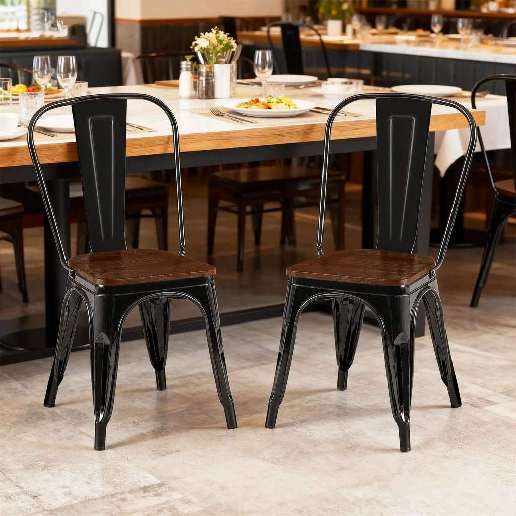 Set of 2 Industrial Metal Stackable Dining Chairs with Walnut Wooden Seat